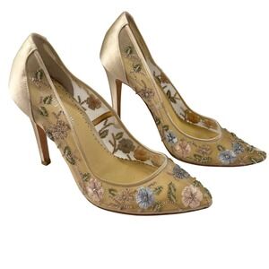 Bella Belle Floral Embroidered Mesh Heels Womens 7.5 Satin Bridal Pumps Formal